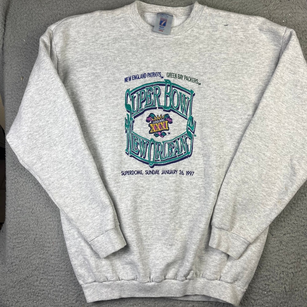 Logo 7 Super Bowl XXXI Sweatshirt Mens Large Grey 1997 Patriots Packers Vintage